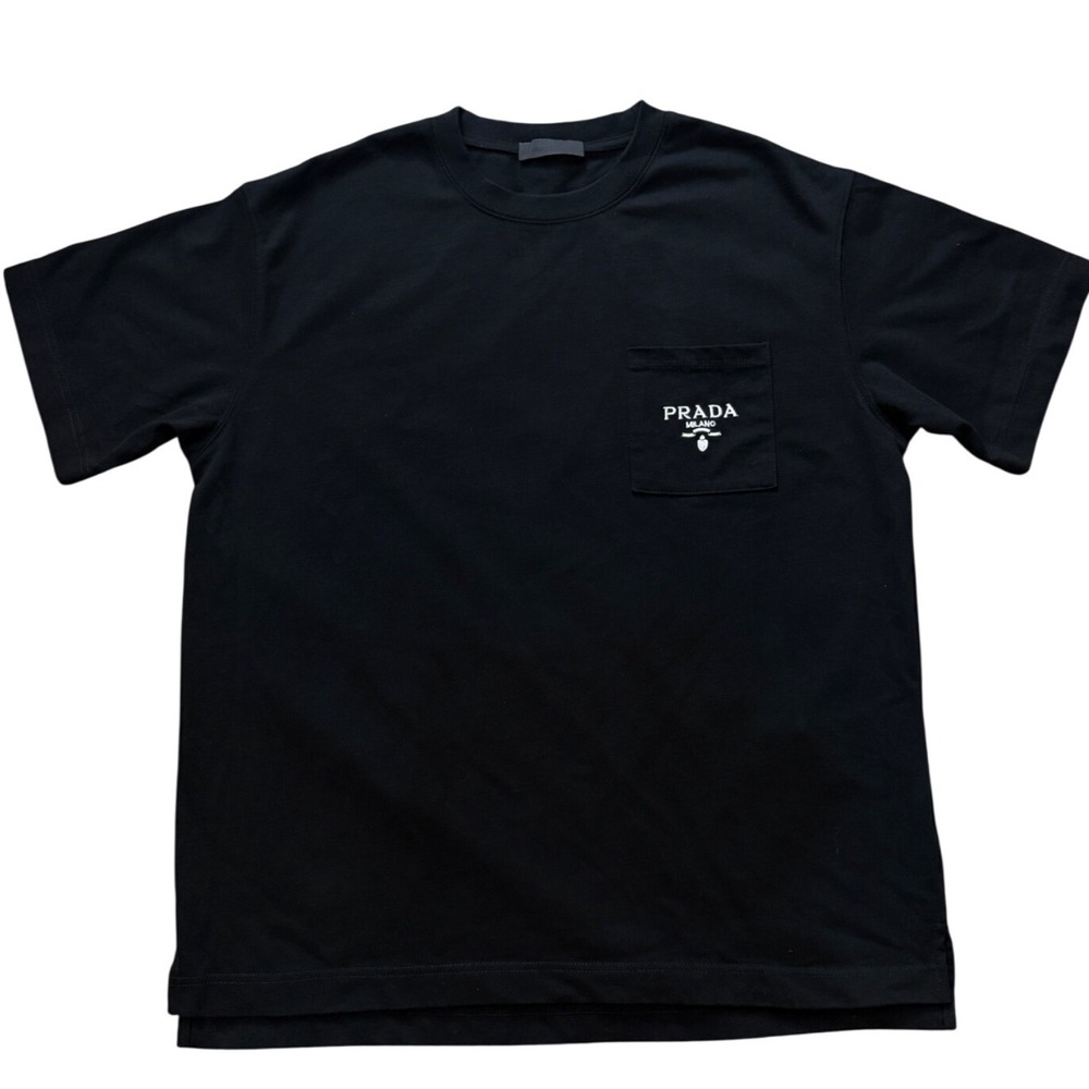 Prada Milano Black Pocket T-Shirt Embroidered Logo Mens XL Luxury Tee